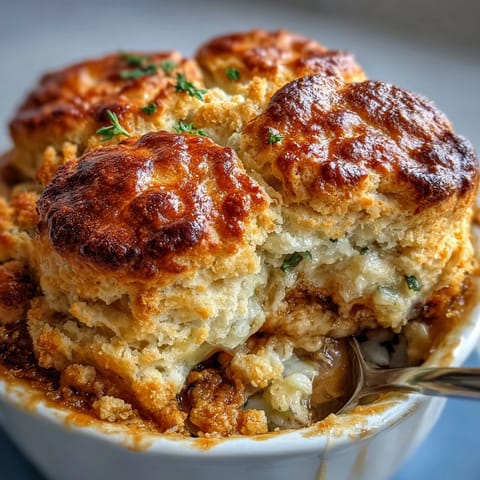 Hearty comfort food featuring creamy chicken and vegetable filling under golden, flaky biscuit crust.  