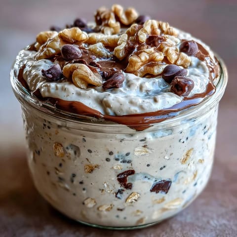 Velvety overnight oats with vanilla protein, mini chocolate chips, and crunchy walnuts, offering a cookie dough-inspired nutritious start.