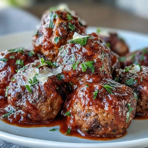 Slow cooker meatballs in rich tomato sauce, tender and juicy, perfect for easy entertaining.  
