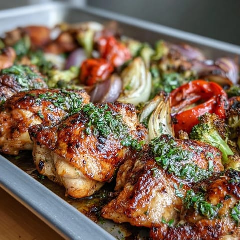 Healthy 5-Ingredient Sheet Pan Chicken and Veggies sizzling on a baking tray with vibrant bell peppers and tender broccoli.