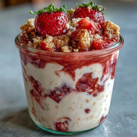 Rich strawberry cheesecake overnight oats with Greek yogurt, cream cheese, and a sprinkle of crushed graham crackers.  
