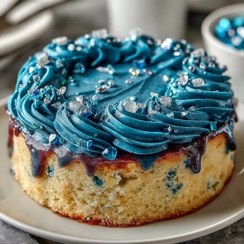 A mesmerizing Pisces-themed galaxy cake with swirling blue and purple buttercream, shimmering edible glitter, and a moist vanilla sponge base.  