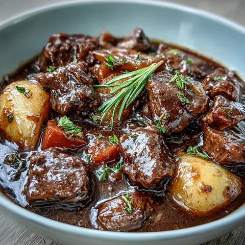 A warm bowl of cozy beef stew with tender chunks of beef and hearty root vegetables in a savory broth.  