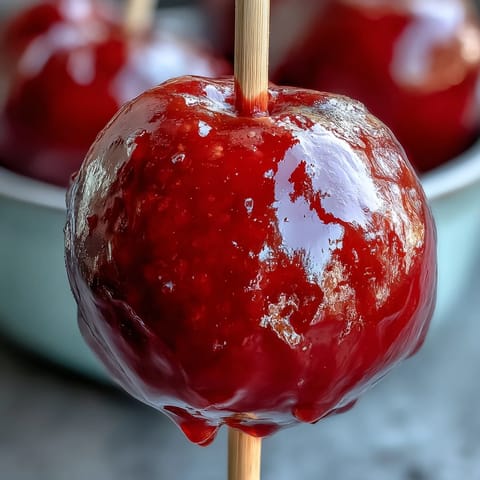 Shiny red candy shell enveloping crisp green apples, a nostalgic American treat for holidays and special events.