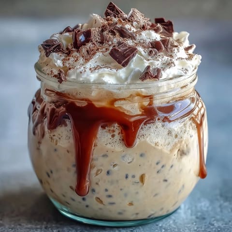 Creamy vanilla bean frappuccino overnight oats with rich espresso flavor, topped with whipped cream and chocolate shavings in a jar.