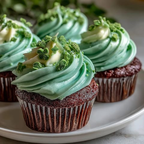 Moist and fluffy green velvet cupcakes topped with smooth cream cheese frosting, decorated with shamrock candies for a lucky treat.  