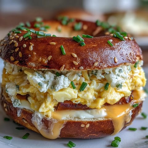 Protein bagel breakfast sandwich with fluffy scrambled eggs and melted cheddar cheese, perfect for healthy meal prep.