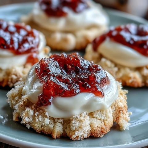 Golden-edged butter cookies with creamy clotted cream and vibrant strawberry jam nestled in each thumbprint.