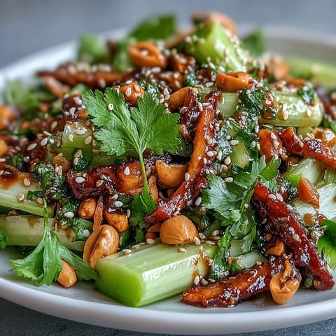 A colorful Crunchy Celery Peanut Salad with soy ginger dressing, featuring crisp celery, roasted peanuts, and fresh herbs for a vibrant, healthy meal.