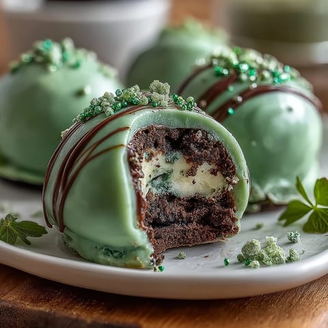 Festive green Oreo truffle balls with creamy filling and white chocolate coating.  