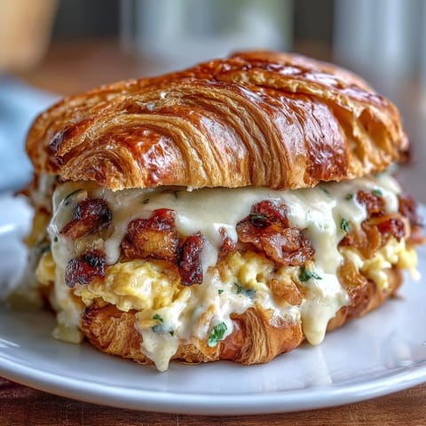 Flaky butter croissants stuffed with fluffy scrambled eggs and melted cheddar cheese, perfect for a quick and indulgent breakfast.