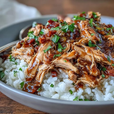 Crockpot Mississippi Chicken Rice Bowls with tender shredded chicken, zesty pepperoncini, and ranch flavors over fluffy rice.  