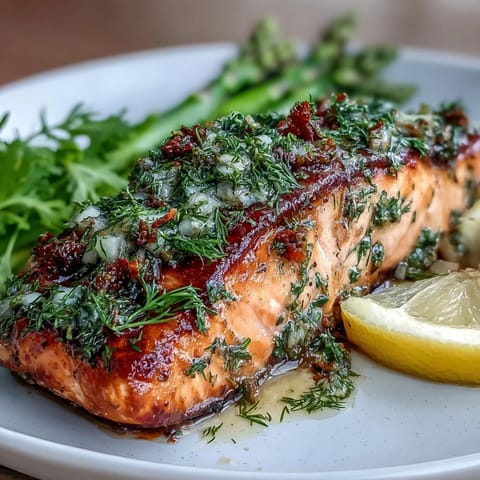 A golden, herb-crusted salmon fillet served with roasted asparagus and fresh lemon slices on a rustic wooden platter.  