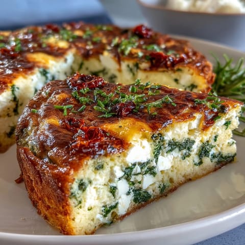 Fluffy spinach and feta frittata loaded with sun-dried tomatoes, baked until golden and savory—ideal for a quick brunch or light dinner.