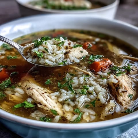 A steaming bowl of Easy Chicken and Rice Soup with tender chicken, carrots, and celery in a savory broth.
