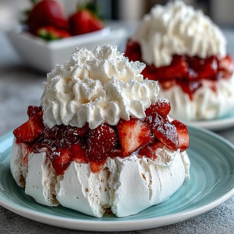 A beautiful strawberry pavlova with a crisp meringue base topped with fresh whipped cream and juicy strawberries.