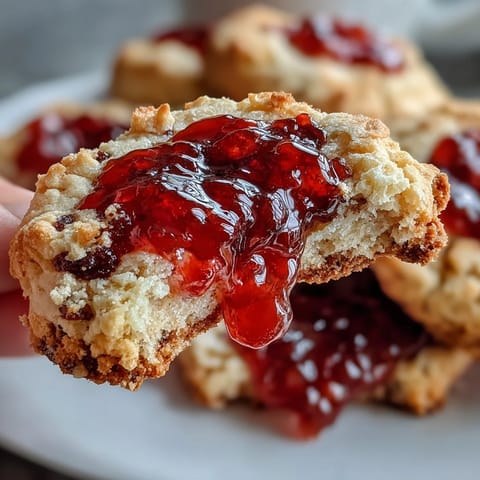 Fresh strawberry jam thumbprint cookies with golden edges and vibrant red centers on a cooling rack.