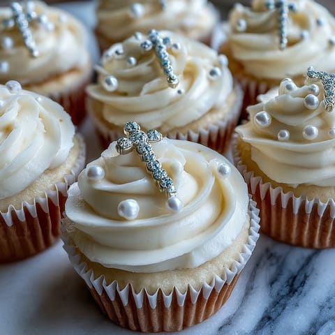 Mini First Communion cupcakes with rosary fondant toppers, vanilla buttercream frosting, and pastel fondant beads arranged on elegant cupcakes.