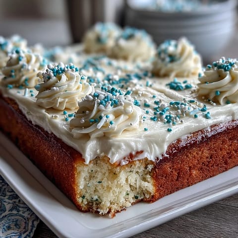 Fluffy vanilla sheet cake with creamy buttercream, decorated with graduation-themed sprinkles for a festive celebration.