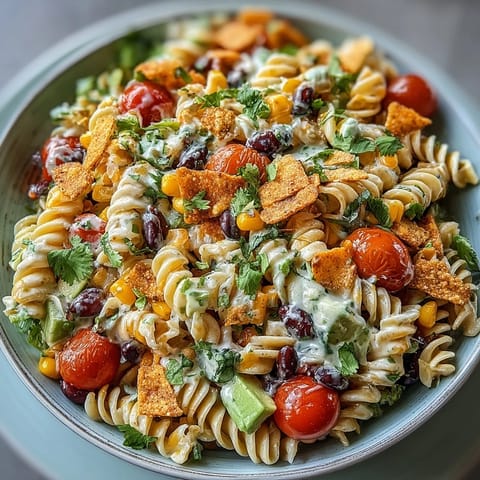 Vibrant taco pasta salad with rotini, black beans, corn, and avocado, tossed in creamy taco dressing and topped with tortilla chips.  