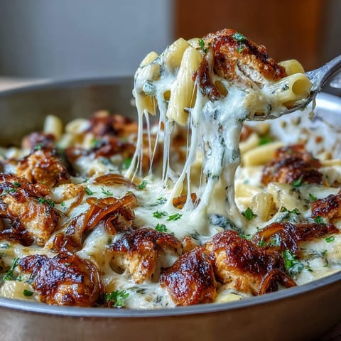 Cozy French onion chicken pasta featuring golden caramelized onions, juicy chicken, and bubbling Gruyère cheese in a creamy sauce.