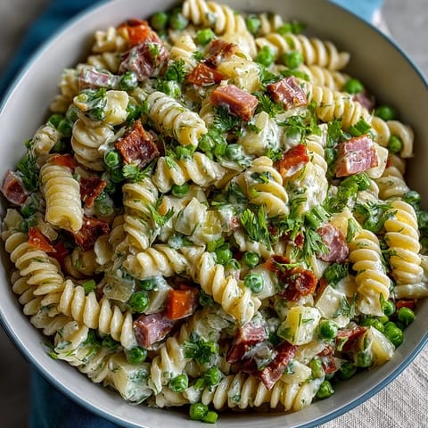 Hawaiian pasta salad with ham, pineapple, and ranch in a creamy, tropical dressing.