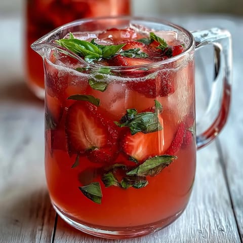 A vibrant pitcher of strawberry basil lemonade mocktail, bursting with fresh strawberries, aromatic basil, and zesty lemon slices.  