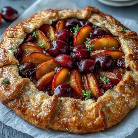 Golden Summer Stone Fruit Galette with Frangipane, featuring ripe peaches, plums, and apricots atop almond cream, baked in a rustic, flaky pastry crust.