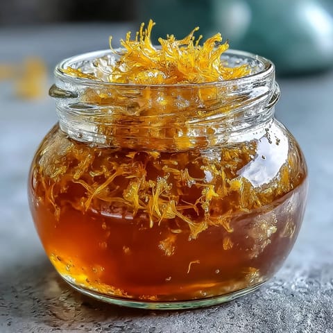 Floral dandelion jelly infused with zesty lemon and sweet honey, beautifully set in glass jars for a sunny preserve.