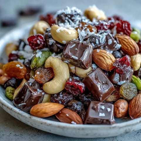 Homemade trail mix with dark chocolate featuring crunchy almonds, cashews, and sweet dried cranberries in a vibrant bowl.