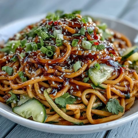 Cold sesame noodle bowl with cucumber, crisp vegetables, and creamy sesame sauce in a vibrant, refreshing dish.  