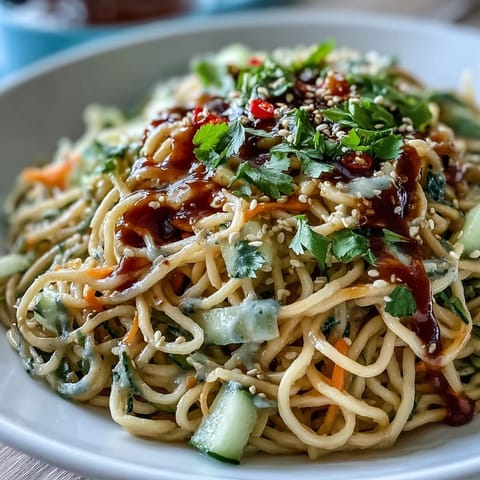 Chilled noodles topped with julienned cucumber, carrots, and sesame dressing for a cool summer meal.  