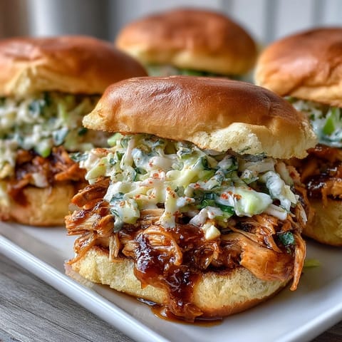 Tender pulled BBQ chicken with creamy coleslaw on slider buns, ideal for festive backyard cookouts and 4th of July parties.  