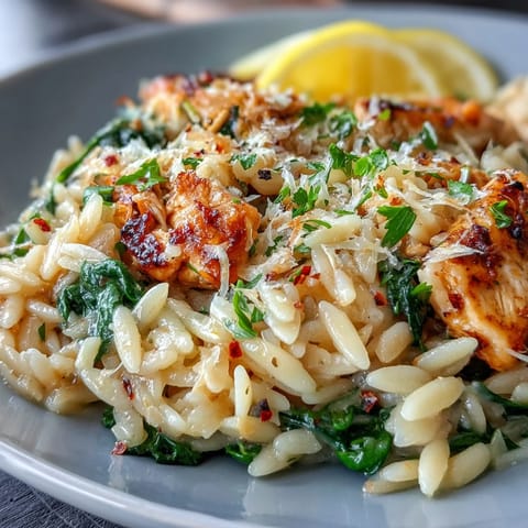 Creamy Lemon Orzo with Chicken and Spinach in a skillet, garnished with parsley and Parmesan, ready for a cozy dinner.  