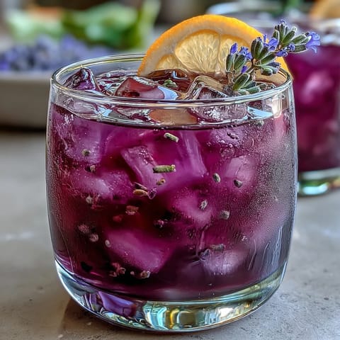 Vibrant purple lavender lemonade refresher with fresh lemon slices and lavender sprigs in a clear glass, perfect for summer sipping.