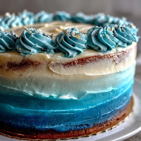 Dark blue and gold ombre layer cake with elegant vanilla buttercream frosting, perfect for celebrating a graduation milestone.