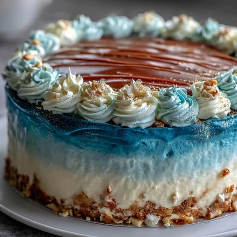 Rich ombre blue cake layers stacked and frosted with smooth vanilla buttercream, finished with shimmering gold leaf accents.