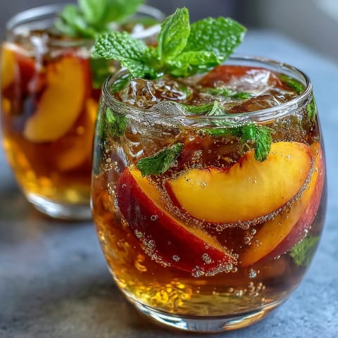 Vibrant mango peach sparkling tea with fresh fruit slices and mint, served over ice in a clear pitcher.