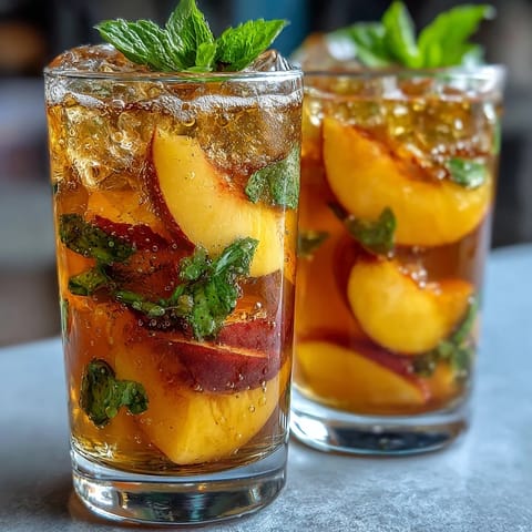 Refreshing mango peach sparkling tea, a summer drink with ripe fruit puree and bubbles, perfect for hot days.