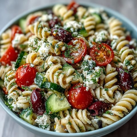 Fresh summer pasta salad with Greek flavors, featuring juicy tomatoes, crisp cucumbers, and creamy feta in a vibrant olive oil dressing.