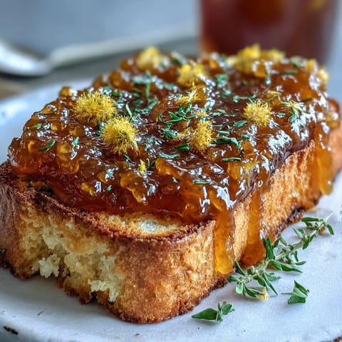 Golden dandelion jelly spread on warm buttered toast, its delicate floral sweetness glowing in soft morning light.