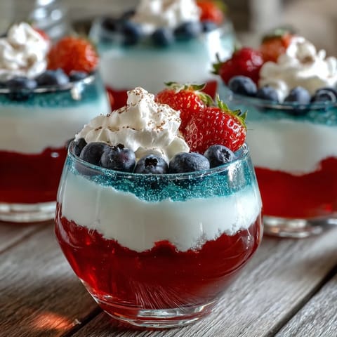 Red, White, and Blue Layered Jello Cups in clear glasses, showing vibrant red, white, and blue stripes with a glossy finish.