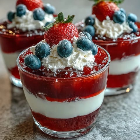Festive Red, White, and Blue Jello Cups with creamy white layer between bright red and blue, chilled and ready for summer parties.