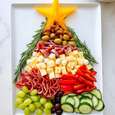 Christmas Tree Snack Board laden with cheeses, meats, and vibrant fruits, perfect for holiday parties.