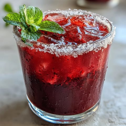 A vibrant glass of sparkling hibiscus mint lemonade with lemon slices and fresh mint garnish, perfect for a refreshing summer drink.