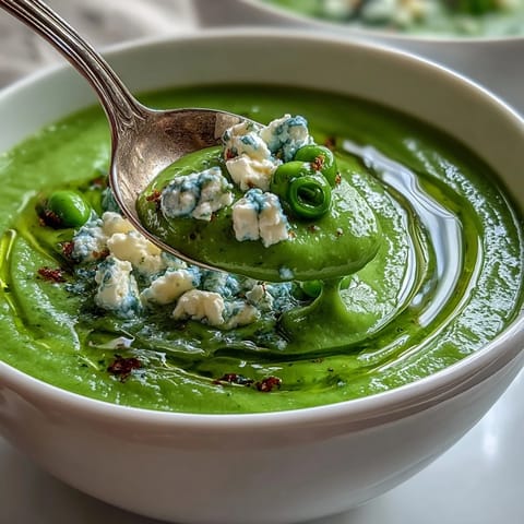 A bowl of vibrant spring pea soup topped with airy whipped ricotta and fragrant mint oil for a fresh, elegant appetizer.