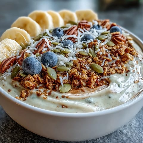 Vibrant high fiber smoothie bowl, topped with crunchy granola and seeds for breakfast.
