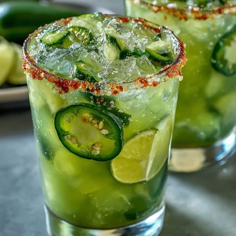 Glistening Viral Pickle Margarita Mocktail with spicy jalapeño rim, perfect for a party.