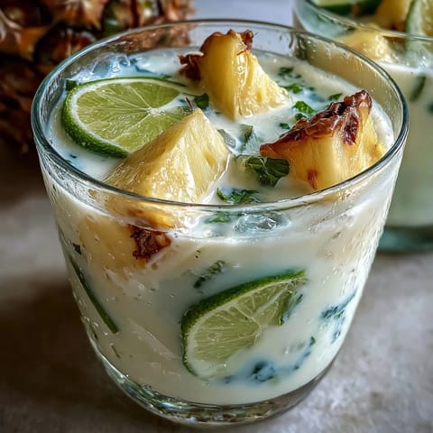 Refreshing Pineapple Coconut Agua Fresca with lime, garnished.