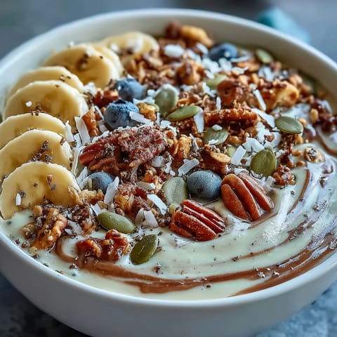 Creamy high fiber smoothie bowl with psyllium and banana, bursting with fresh fruit.